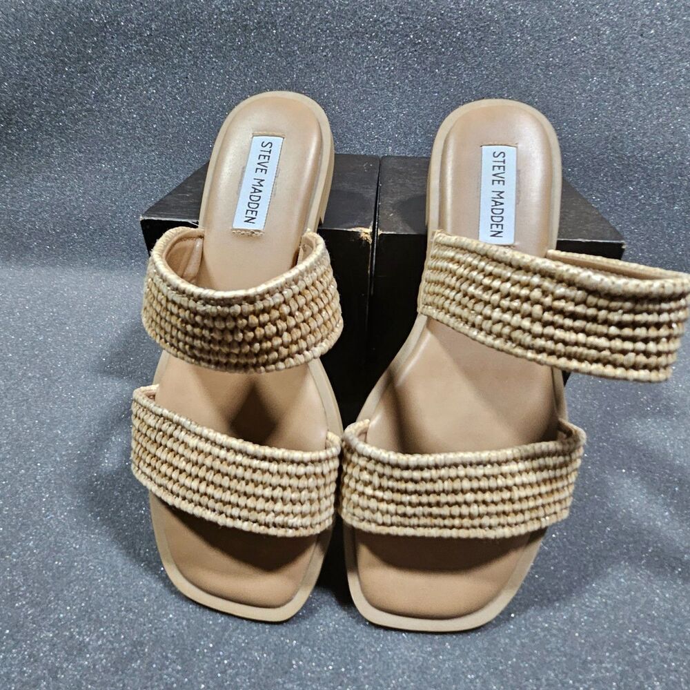 Steve Madden Dual Flat Slides Sandals-Natural Woven Raffia